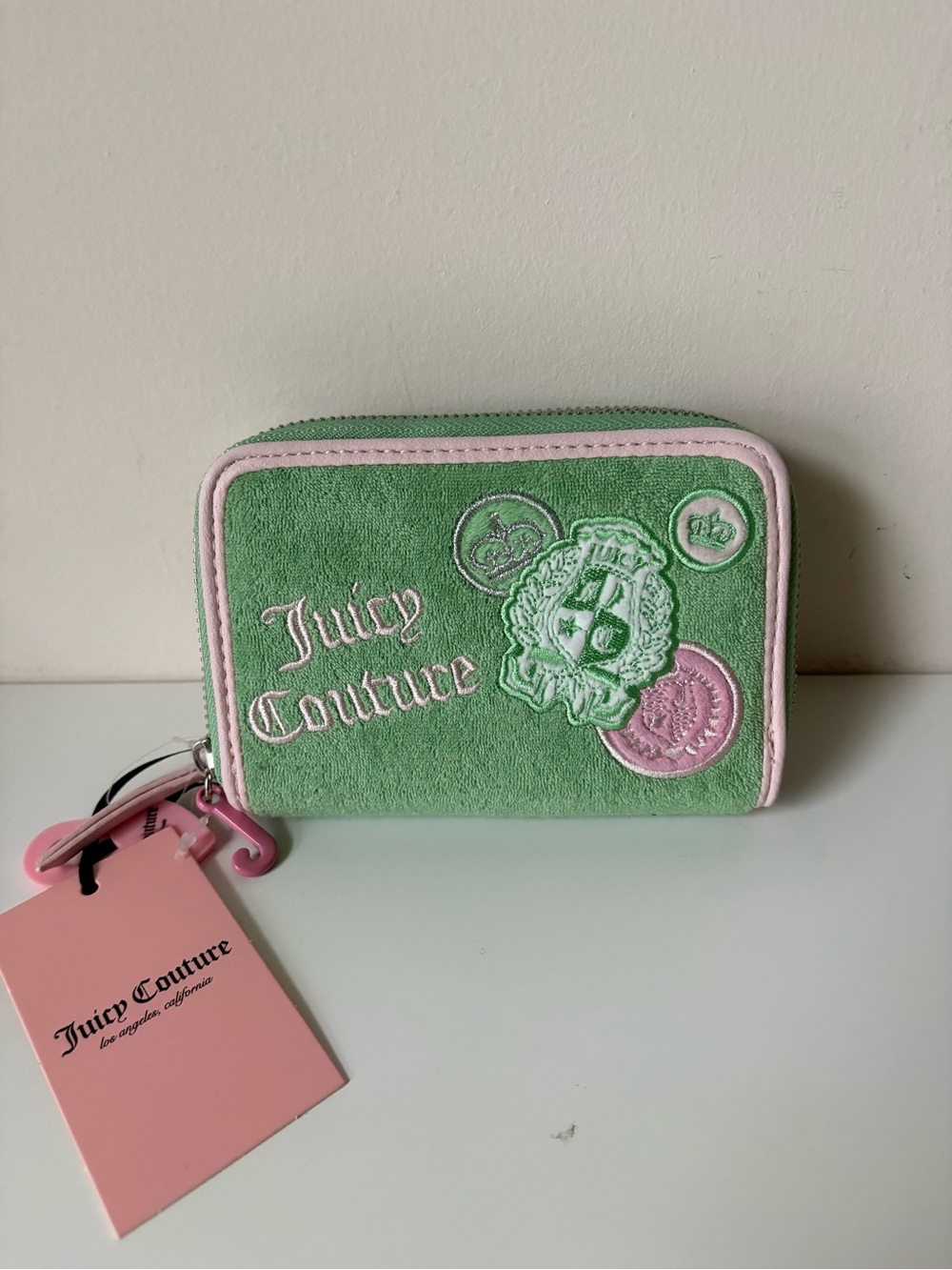 Juicy Couture Pink and Retro Mint Green Terry Cloth Zip Around Wallet Y2K Patch